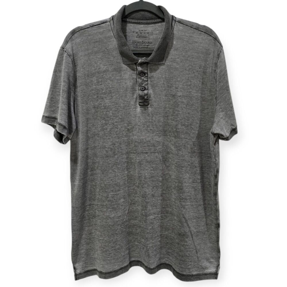 Lucky Brand Venice Burnout Mens L Slim Fit Polo Shirt Gray Short Sleeve Large